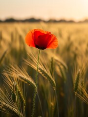A single red flower at the wheat field