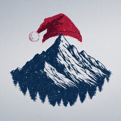 Mountain wearing a festive red hat during winter season with snowy trees in background