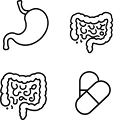 Digestive Health Icons  Monochrome Vector Grid Featuring Stomach, Intestinal Diagrams & Medical Capsules for Wellness