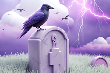 A solitary raven perches atop a weathered tombstone under a dramatic purple sky with lightning strikes illuminating the scene
