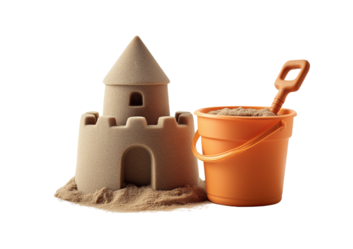 A simple sandcastle made with a beige color, next to an orange bucket and spade on a transparent background