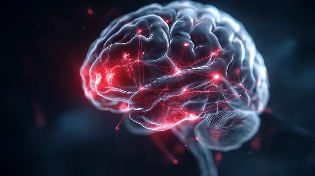 anatomical model of the brain with translucent gray matter tissue, red light shows the movement of signals along the synapses, a model of the brain's response to stimuli