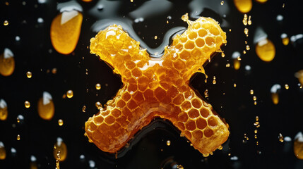 Golden tasty honey forming an x, on black background. Honeycomb letter X with honey drops and bee flat 3d illustration. 