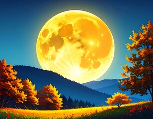 Autumnal landscape with enormous, glowing yellow full moon rising over hills
