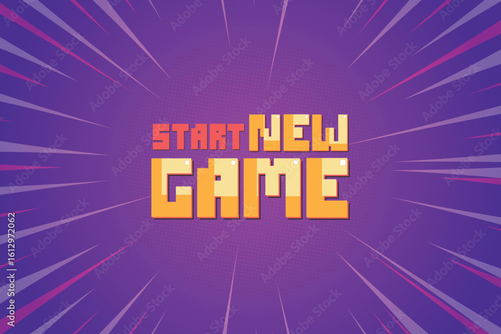 Poster start new game icon on purple background. pixel art. 8 bit game. retro game. for game assets in vect