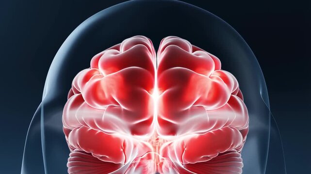anatomical model of the human head, translucent tissues of the skull, the frontal lobes of the brain are depicted in red to demonstrate the location of pain in the lobe of the brain