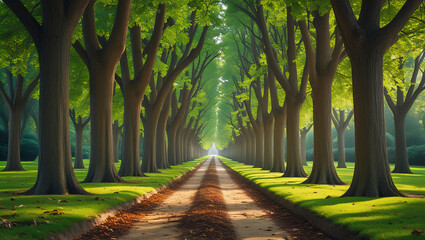 Symmetrical tree-lined pathway for serene landscape photography. Perfect for nature wallpapers, travel blogs, and tranquil scene setting.