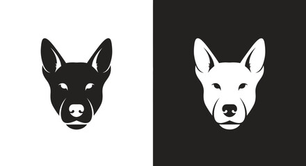 Symmetrical dog head silhouettes, black and white, on contrasting backgrounds.