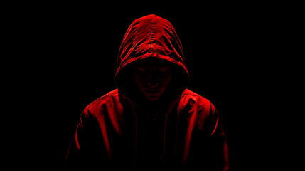 Hooded figure in red light mysterious darkness shadow person