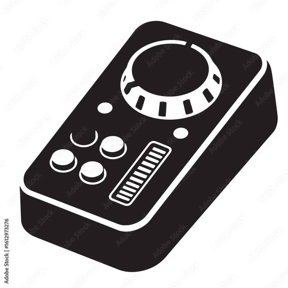 Poster vector illustration of a black audio mixer control panel with rotating knob and buttons