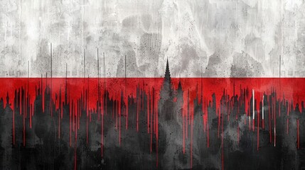 Red and White Grunge Art with City Silhouette