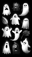 Creative illustration featuring various ghost characters with different expressions set against a black background