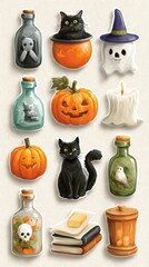 Colorful Halloween-themed stickers featuring cats, pumpkins, and spooky decor for festive celebrations