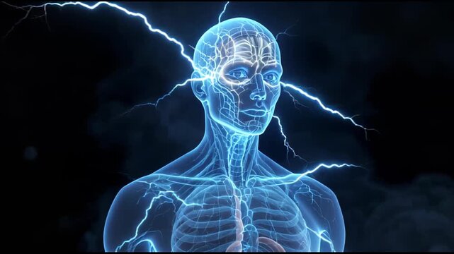 Powerful electric energy radiating from a glowing human brain and nervous system in an abstract 3D digital animation