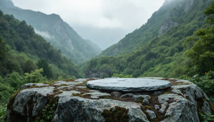 Gray stone slab with round top on mossy cliff edge. Overlooks valley with lush green vegetation, mountains shrouded in dense fog. Natural landscape, serene atmosphere, perfect for product placement.