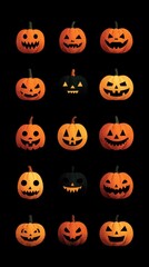 Variety of Halloween pumpkins with different expressions displayed in a dark background during the fall season