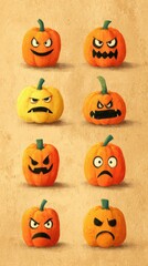 Various expressions of painted pumpkins arranged in a grid highlighting Halloween spirit and creativity