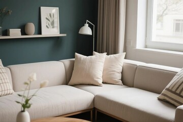 Fototapeta premium Modern sofa with neutral-toned decorative pillows in a cozy living room corner.