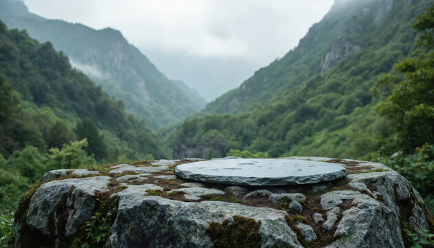 Gray stone slab with round top on mossy cliff edge. Overlooks valley with lush green vegetation, mountains shrouded in dense fog. Natural landscape, serene atmosphere, perfect for product placement.