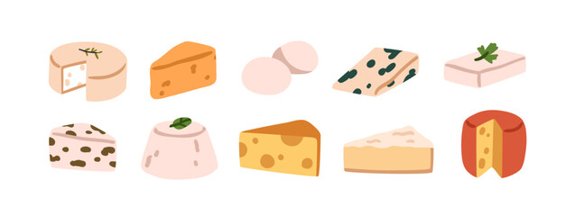 Cheese set. Gourmet dairy food, snack. Camembert, mozzarella, gouda piece, creamy brie, cheddar slice, ricotta, roquefort and emmental. Flat graphic vector illustration isolated on white background