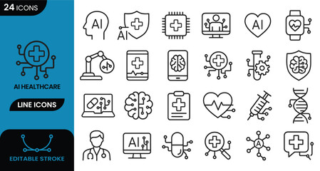 AI Healthcare Line Icons Set – 25 Minimalist Medical Technology Vector Symbols