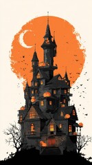 Haunted mansion with glowing pumpkins surrounded by bats and a crescent moon at sunset