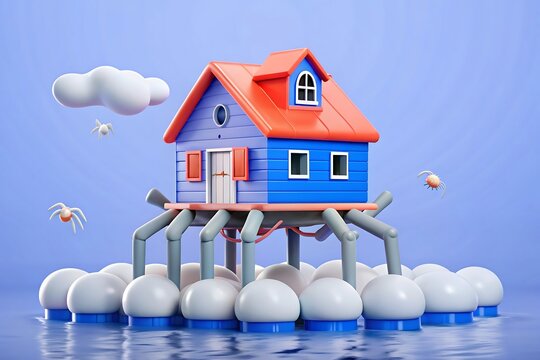 Whimsical blue and orange house perched on many white spheres above reflective water