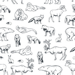 Hand-drawn northern animals. Vector  seamless pattern.