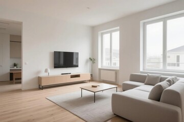Modern apartment interior with clean design, neutral tones, and soft natural lighting.