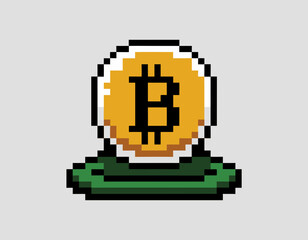 Obraz premium Pixelated Bitcoin symbol melting on a green surface, against a light gray background.