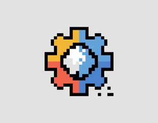 Obraz premium Pixel art cogwheel, segmented into colorful sections, showing signs of disintegration.