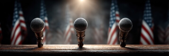 Microphones set against a backdrop of American flags awaiting a speech or announcement at a political event