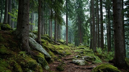 Obraz premium A path through a dense forest with moss-covered rocks and trees.