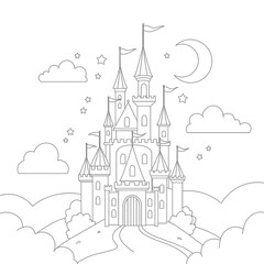 Obraz premium Fantasy Castle Coloring Page with Moon Stars and Clouds Illustration