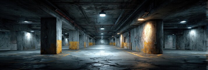 Urban underground parking garage with concrete walls and dim lighting at night