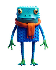 A blue cartoon monster with a scarf stands isolated on transparent background