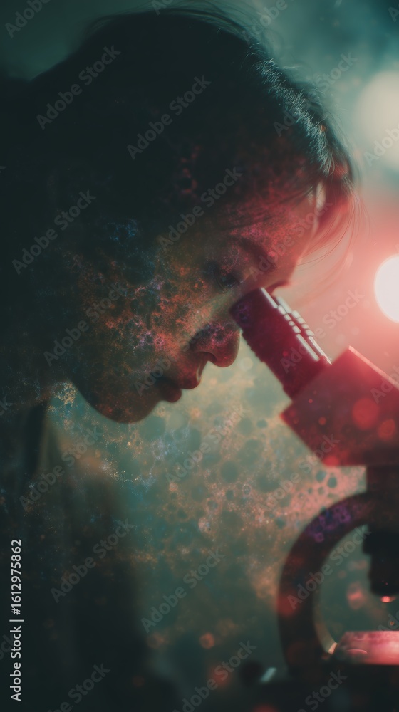 Poster young scientist observing samples under a microscope in a dimly lit laboratory during evening hours