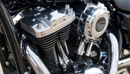 Obraz premium Close-up of a gleaming, powerful motorcycle engine, showcasing intricate details and metallic finishes