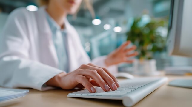 A woman is typing on a computer keyboard in a white lab coat