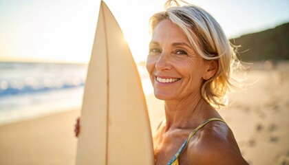 Mature woman smiling on sandy beach while holding a surfboard. Bright, sunny coastal scene, active lifestyle, summer vibes, fitness and wellness, ocean background, happy and confident.