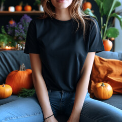 Oversized black t-shirt mockup on woman lounging on sofa with Halloween decor, casual cotton apparel, festive ambient room, minimalist staging, stitching detail, garment display in spooky atmosphere.