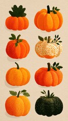 Colorful variety of pumpkins displayed in an artistic arrangement for autumn celebration or harvest festival