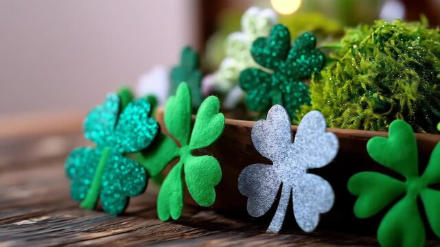 This St. Patrick's Day themed scene features shamrocks of varied green hues, some glittery, resting on a wooden surface, symbolizing luck and celebration.