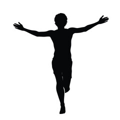 Silhouette of a Person Dabbing with Arms Extended Wearing Casual Clothes and Sneakers Against a White Background, Isolated and Simplified