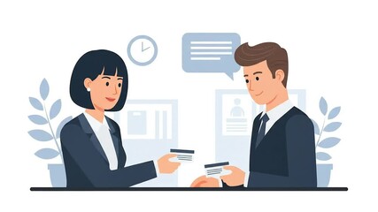 Business professionals exchanging documents in modern office setting with digital interface elements