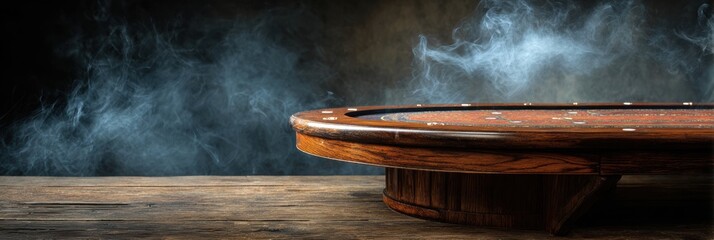 Vintage Poker Table Surrounded by Smoke Creates an Intriguing Atmosphere for High-Stakes Games in a Dimly Lit Setting