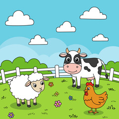 Cartoon Farm Animals in a Field with Flowers and White Fence