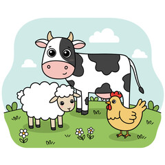 Cute Cartoon Farm Animals on a Green Meadow with Flowers and Clouds