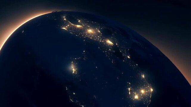 Earth at night from space shows bright city lights across Mexico with coastal urban regions glowing, revealing dense population centers and infrastructure networks from orbit