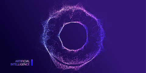 A.I. circle banner. Technology particles web. Dots ai big data neon round background. Artificial Intelligence connect vector design.